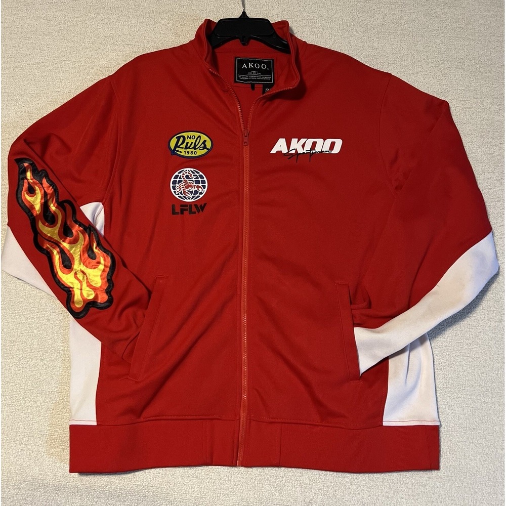 Akoo Sweatjacket Mens 2XL‎ Red White Embroidered Rare Full Zipper Streetwear Y2K
